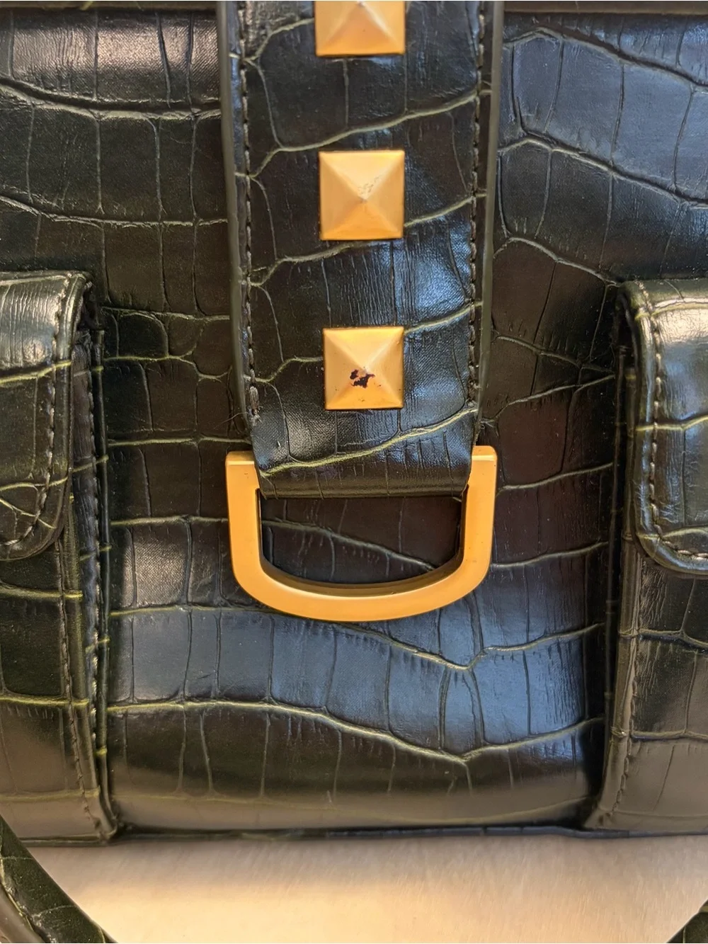 New York & Company Faux Crocodile Top-Handle Bag in Dark Green w/ Gold Hardware